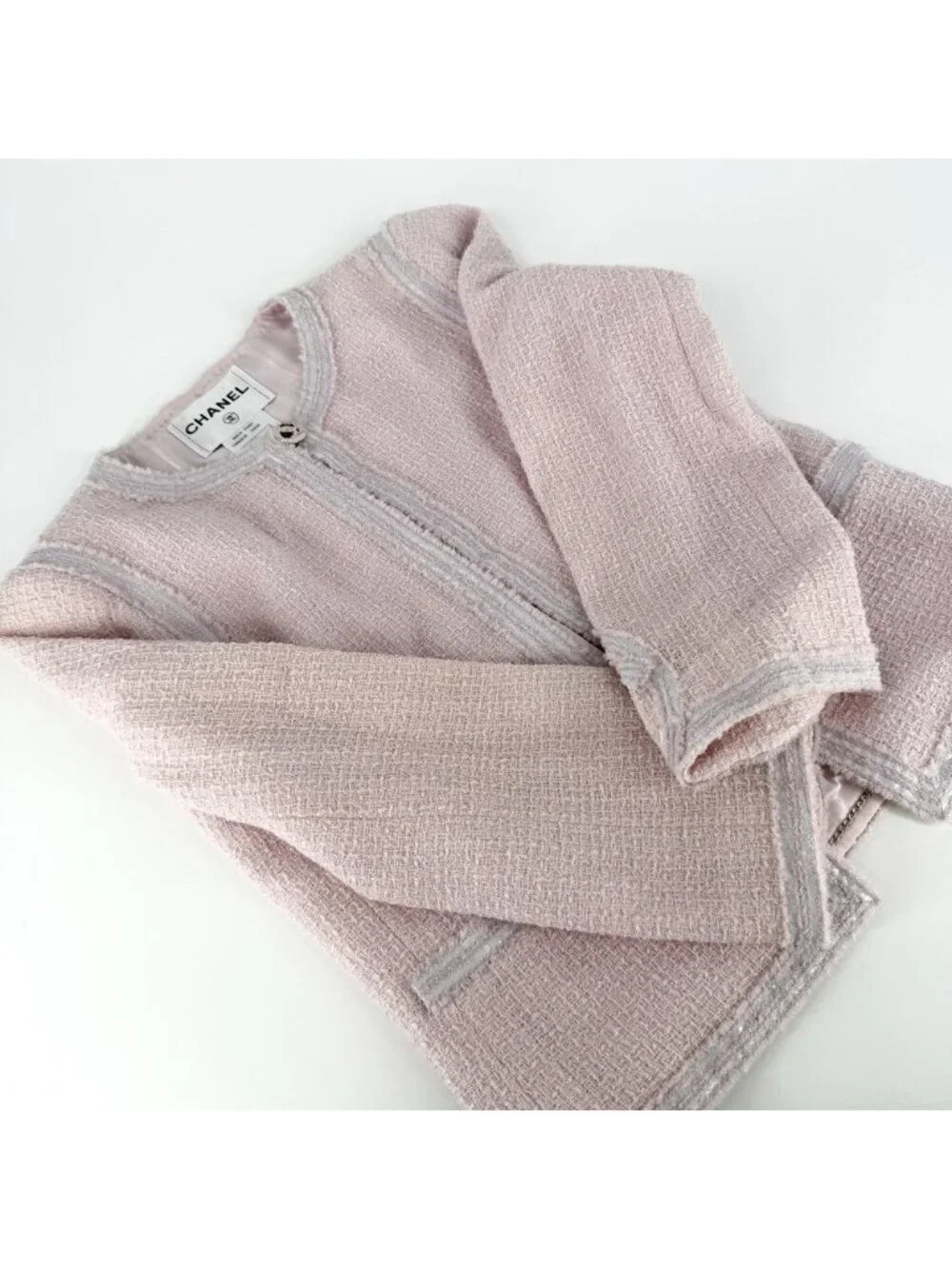 Chanel Set Tweed Collarless Jacket Skirt CC Logo 38 Pink Wool Spring Autumn